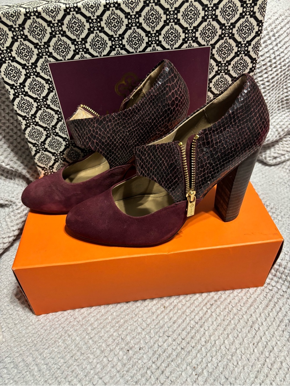 Isola Burgundy Suede & Snake-Print Block Heel Pumps with Gold Zip